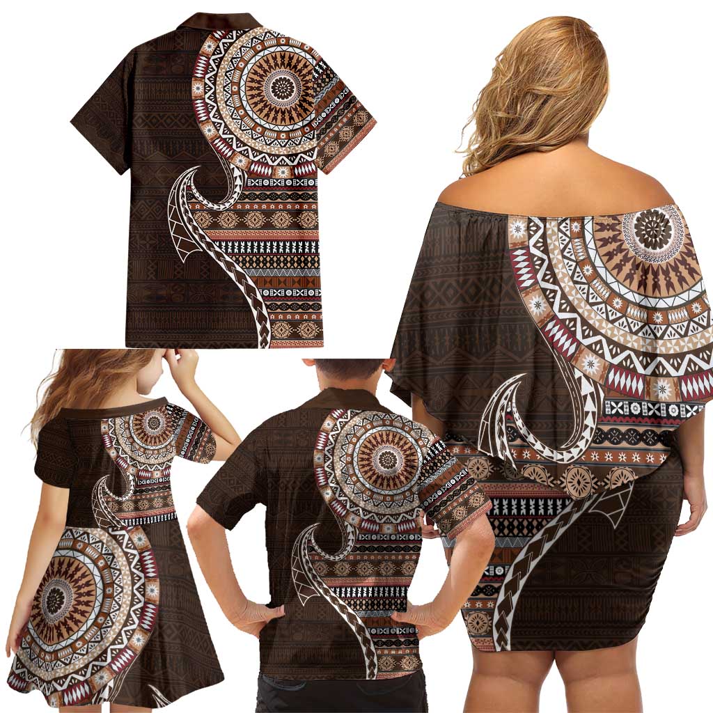 Fijian Masi Tribal Tattoos Art Pattern Family Matching Off Shoulder Short Dress and Hawaiian Shirt Brown Color Half Style LT03 - Polynesian Pride