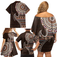 Fijian Masi Tribal Tattoos Art Pattern Family Matching Off Shoulder Short Dress and Hawaiian Shirt Brown Color Half Style LT03 - Polynesian Pride
