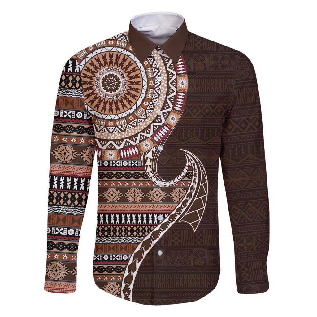 Fijian Masi Tribal Tattoos Art Pattern Family Matching Off Shoulder Short Dress and Hawaiian Shirt Brown Color Half Style LT03 Dad's Shirt - Long Sleeve Brown - Polynesian Pride