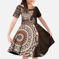 Fijian Masi Tribal Tattoos Art Pattern Family Matching Short Sleeve Bodycon Dress and Hawaiian Shirt Brown Color Half Style LT03 Daughter's Dress Brown - Polynesian Pride