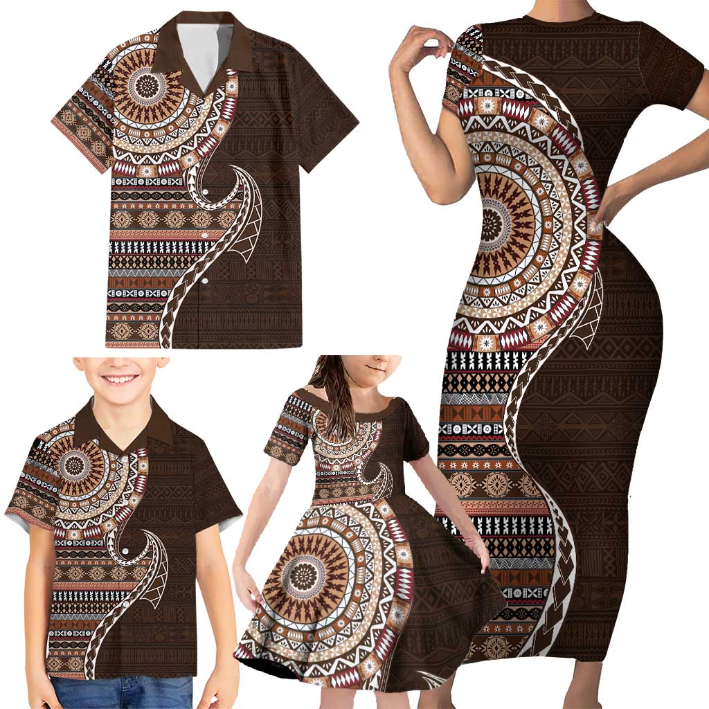 Fijian Masi Tribal Tattoos Art Pattern Family Matching Short Sleeve Bodycon Dress and Hawaiian Shirt Brown Color Half Style LT03 - Polynesian Pride