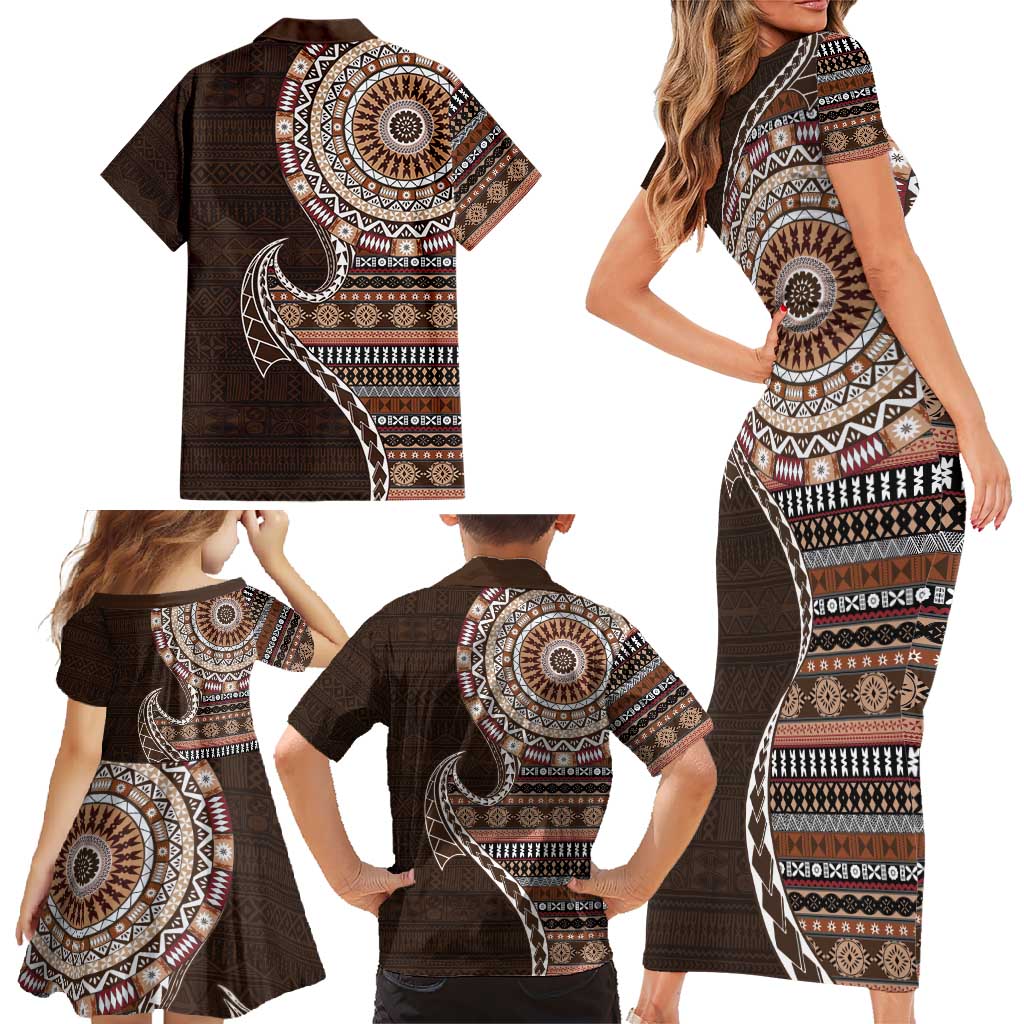 Fijian Masi Tribal Tattoos Art Pattern Family Matching Short Sleeve Bodycon Dress and Hawaiian Shirt Brown Color Half Style LT03 - Polynesian Pride