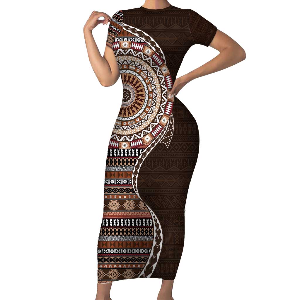 Fijian Masi Tribal Tattoos Art Pattern Family Matching Short Sleeve Bodycon Dress and Hawaiian Shirt Brown Color Half Style LT03 Mom's Dress Brown - Polynesian Pride