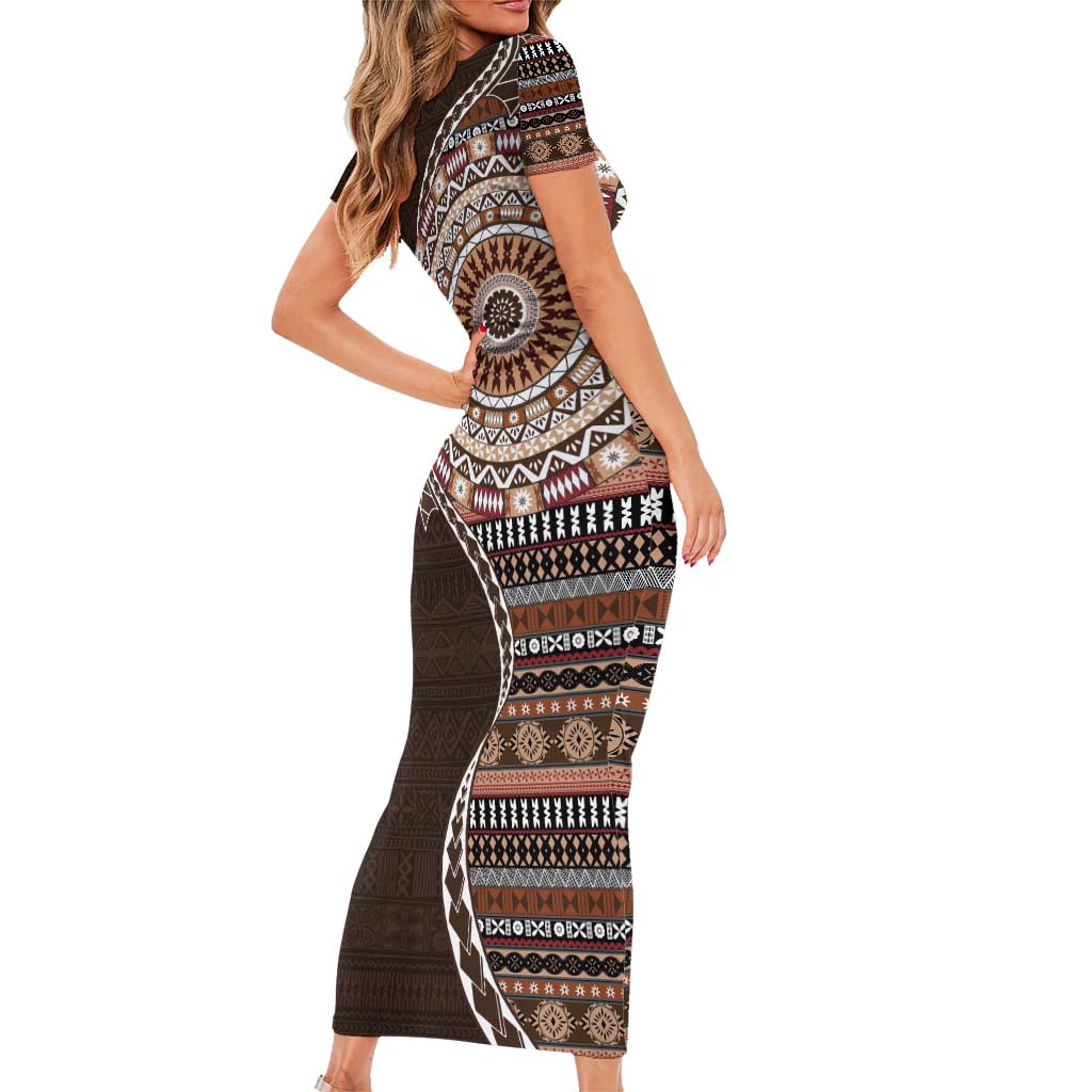 Fijian Masi Tribal Tattoos Art Pattern Family Matching Short Sleeve Bodycon Dress and Hawaiian Shirt Brown Color Half Style LT03 - Polynesian Pride
