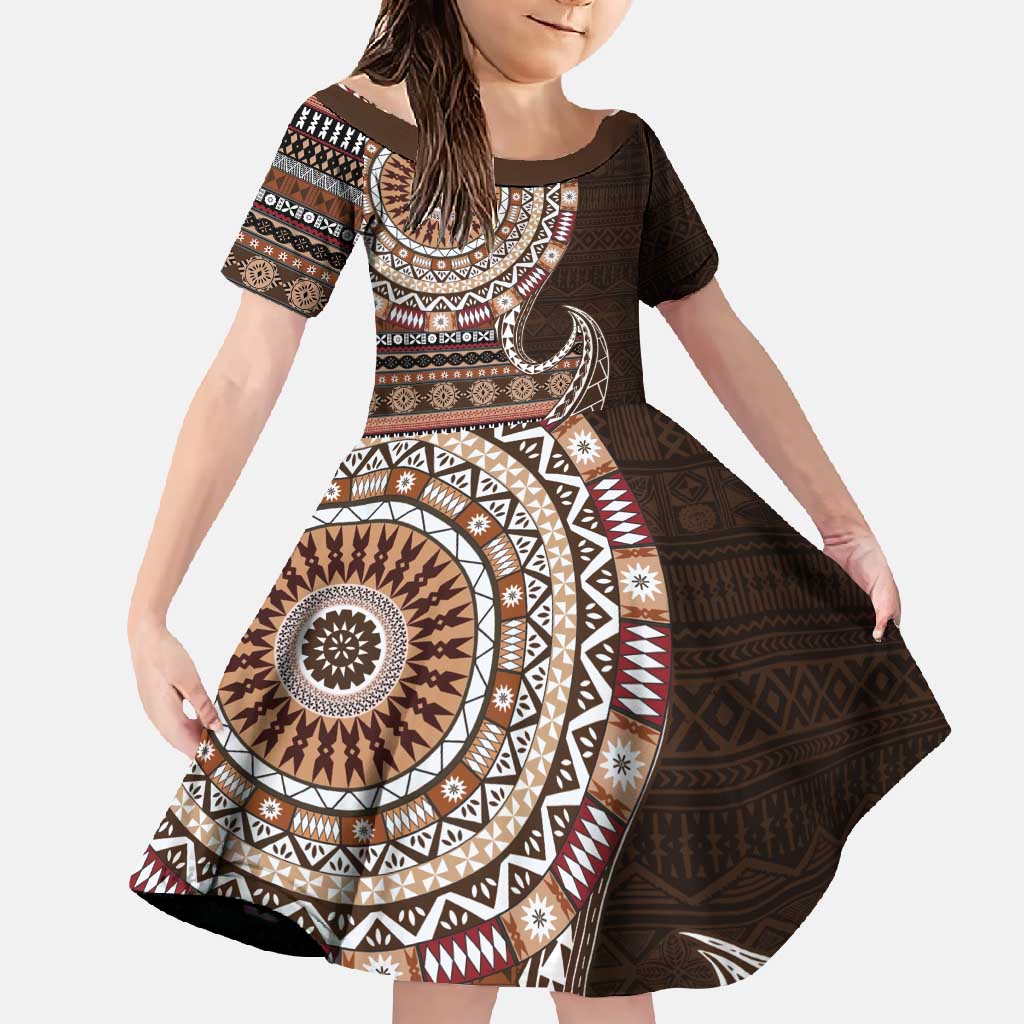 Fijian Masi Tribal Tattoos Art Pattern Family Matching Summer Maxi Dress and Hawaiian Shirt Brown Color Half Style LT03 Daughter's Dress Brown - Polynesian Pride