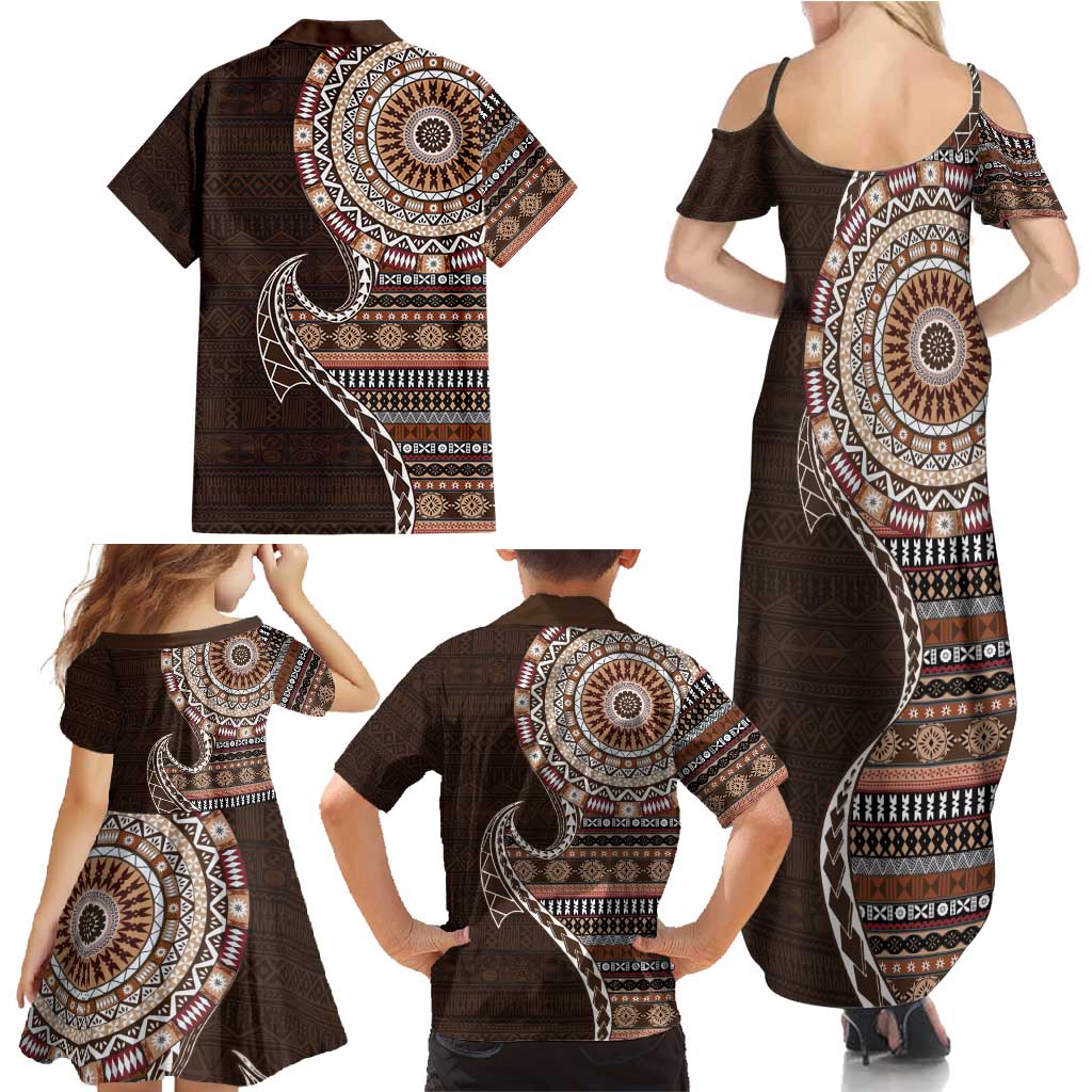 Fijian Masi Tribal Tattoos Art Pattern Family Matching Summer Maxi Dress and Hawaiian Shirt Brown Color Half Style LT03 - Polynesian Pride