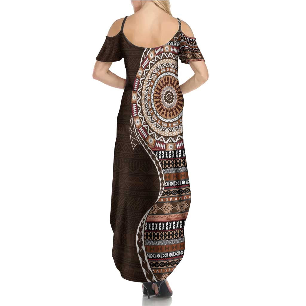 Fijian Masi Tribal Tattoos Art Pattern Family Matching Summer Maxi Dress and Hawaiian Shirt Brown Color Half Style LT03 - Polynesian Pride