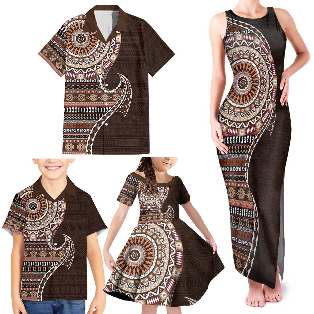 Fijian Masi Tribal Tattoos Art Pattern Family Matching Tank Maxi Dress and Hawaiian Shirt Brown Color Half Style LT03 - Polynesian Pride