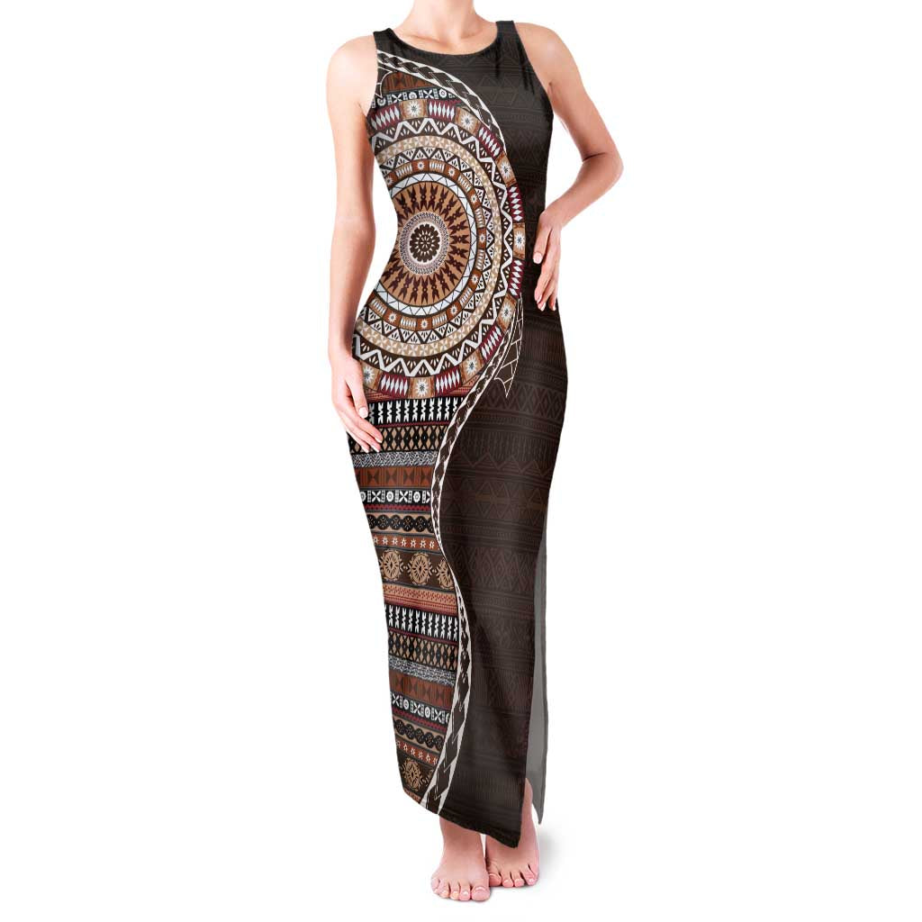 Fijian Masi Tribal Tattoos Art Pattern Family Matching Tank Maxi Dress and Hawaiian Shirt Brown Color Half Style LT03 Mom's Dress Brown - Polynesian Pride