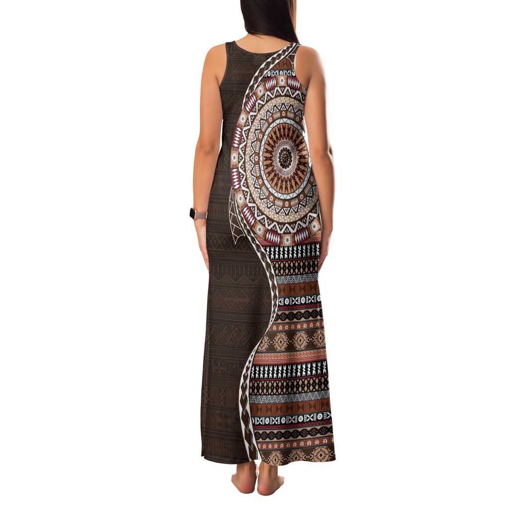 Fijian Masi Tribal Tattoos Art Pattern Family Matching Tank Maxi Dress and Hawaiian Shirt Brown Color Half Style LT03 - Polynesian Pride