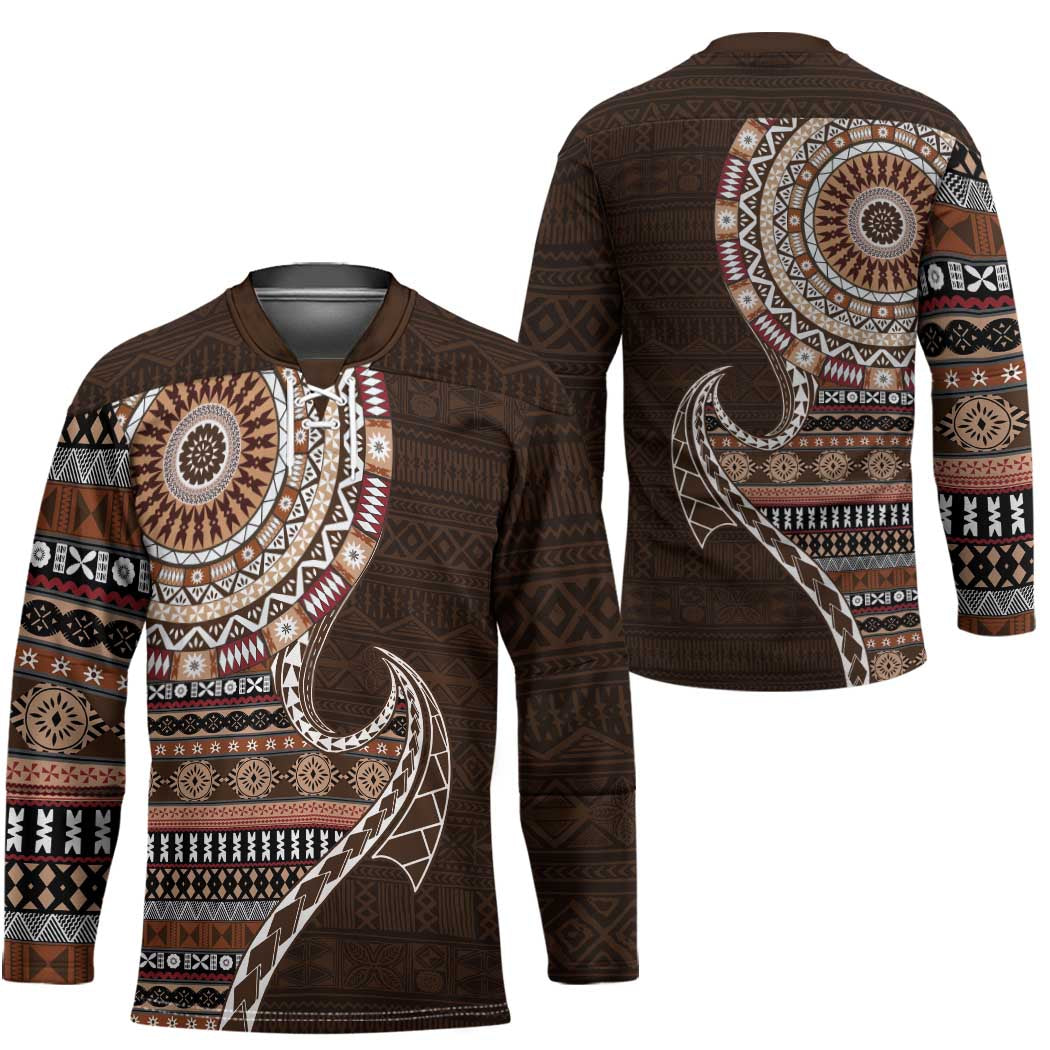 Fijian Masi Tribal Tattoos Art Pattern Hockey Jersey Brown Color Half Style - Polynesian Pride