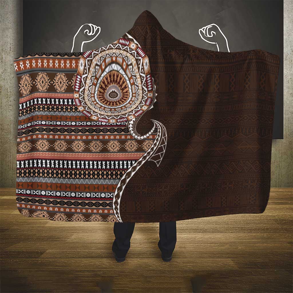 Fijian Masi Tribal Tattoos Art Pattern Hooded Blanket Brown Color Half Style - Polynesian Pride