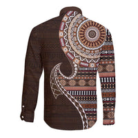 Fijian Masi Tribal Tattoos Art Pattern Long Sleeve Button Shirt Brown Color Half Style - Polynesian Pride