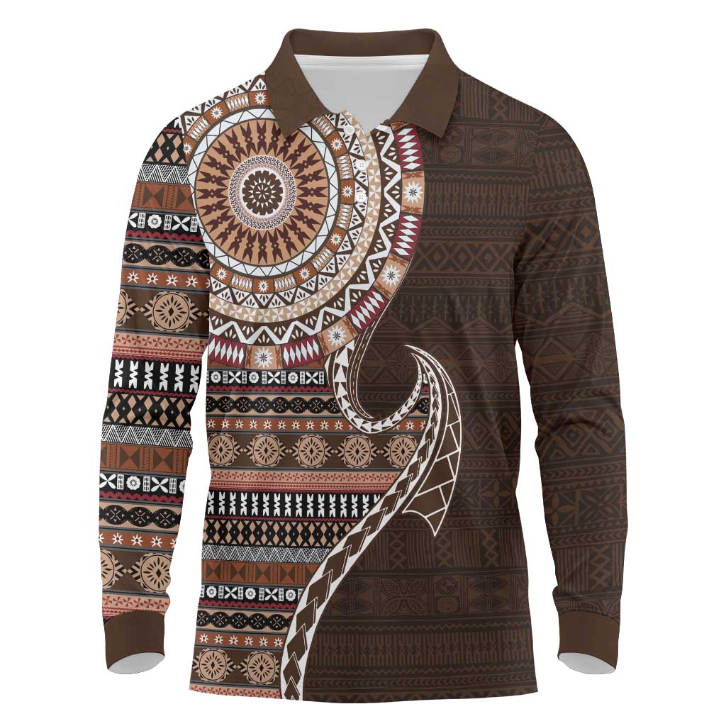 Fijian Masi Tribal Tattoos Art Pattern Long Sleeve Polo Shirt Brown Color Half Style - Polynesian Pride