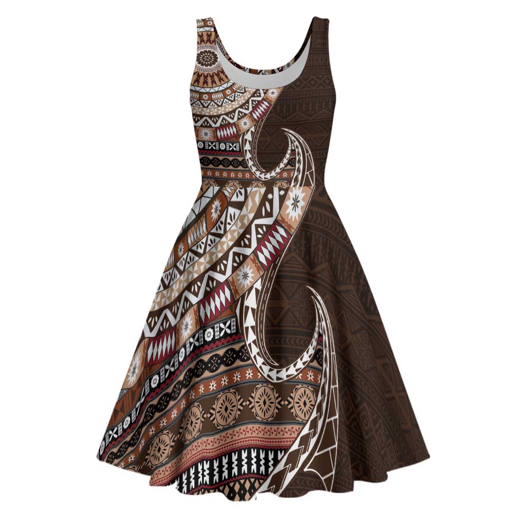 Fijian Masi Tribal Tattoos Art Pattern Midi Dress Brown Color Half Style - Polynesian Pride