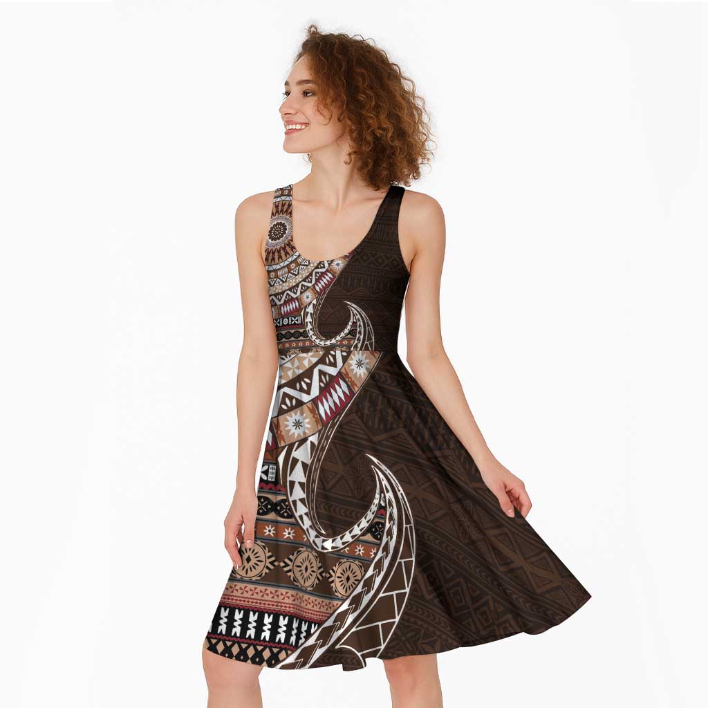 Fijian Masi Tribal Tattoos Art Pattern Midi Dress Brown Color Half Style LT03 - Polynesian Pride