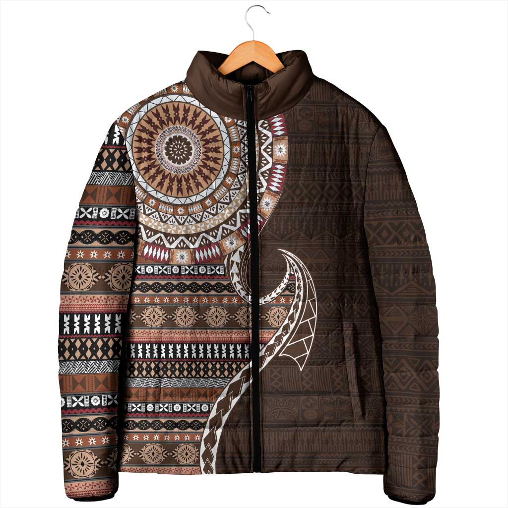 Fijian Masi Tribal Tattoos Art Pattern Padded Jacket Brown Color Half Style - Polynesian Pride