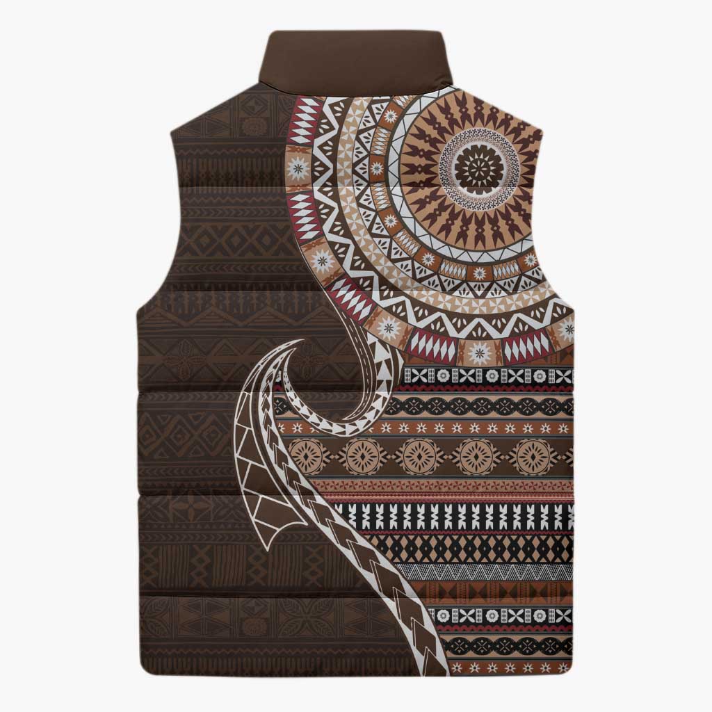Fijian Masi Tribal Tattoos Art Pattern Sleeveless Puffer Jacket Brown Color Half Style - Polynesian Pride