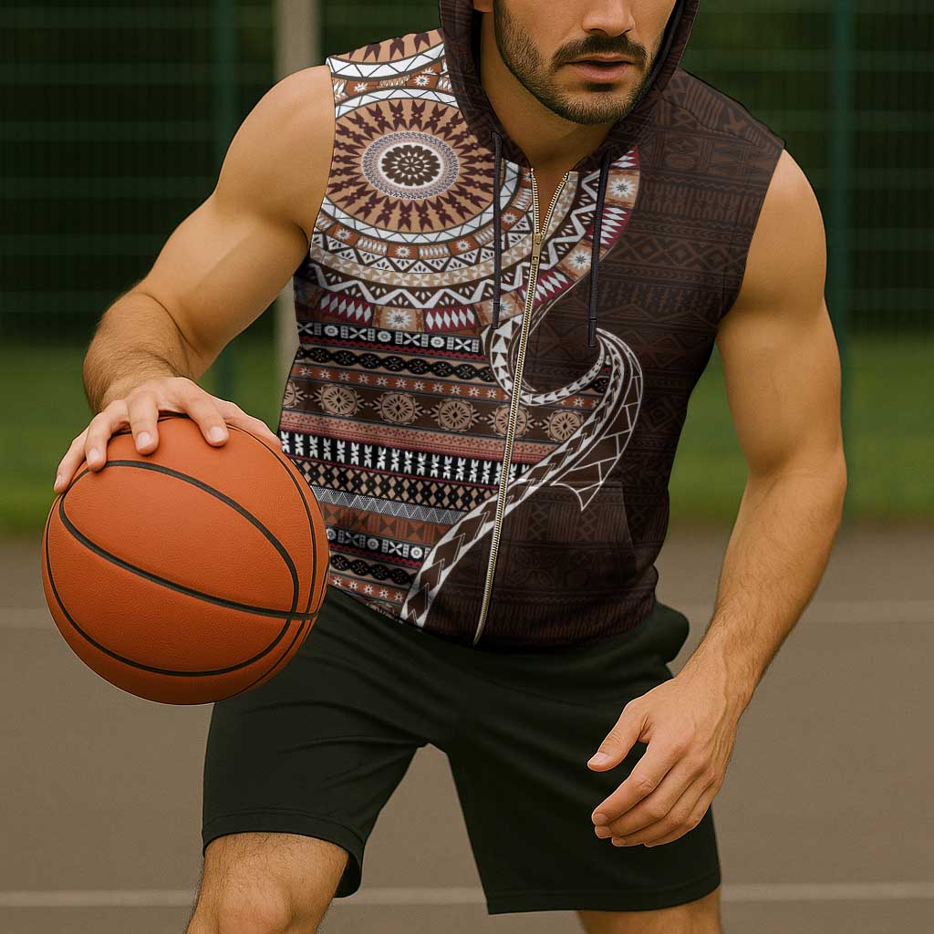 Fijian Masi Tribal Tattoos Art Pattern Sleeveless Zip Hoodie Brown Color Half Style - Polynesian Pride