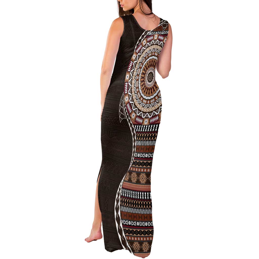 Fijian Masi Tribal Tattoos Art Pattern Tank Maxi Dress Brown Color Half Style LT03 - Polynesian Pride