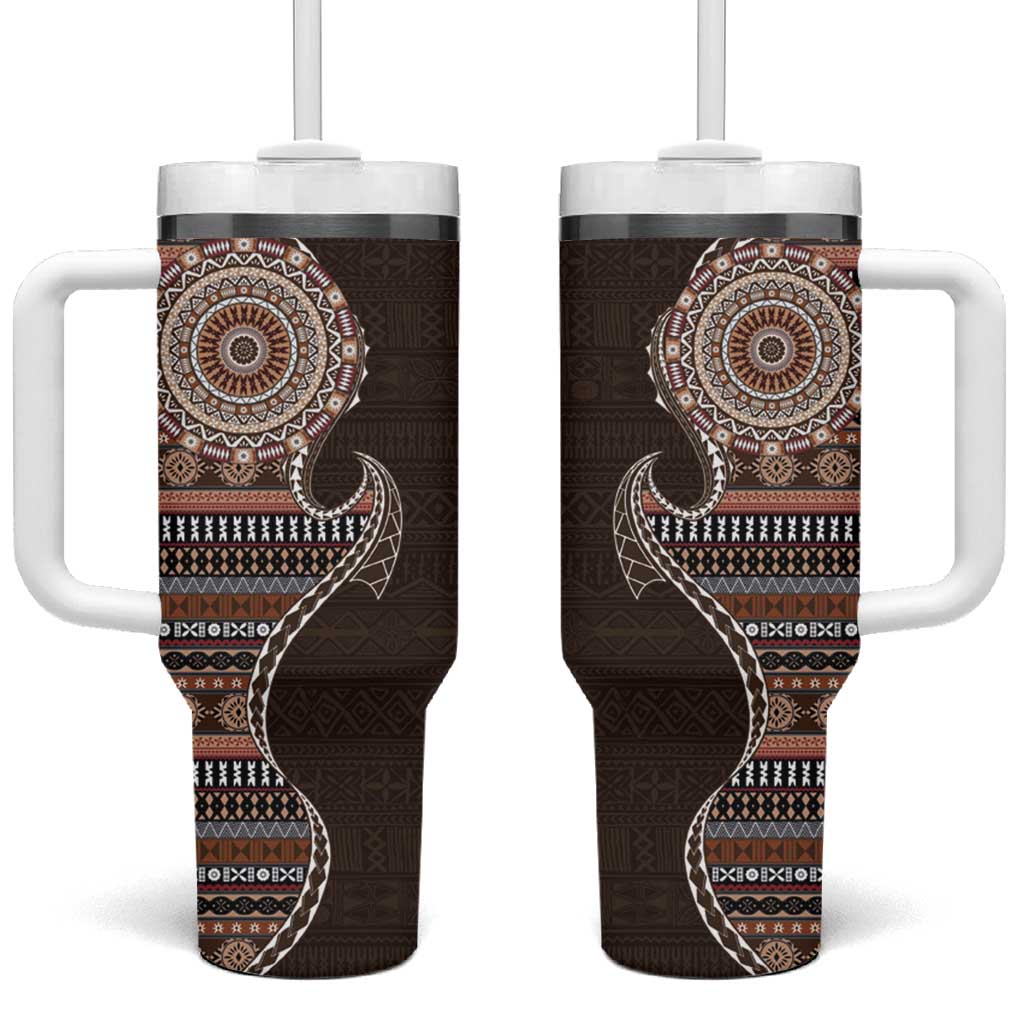 Fijian Masi Tribal Tattoos Art Pattern Tumbler With Handle Brown Color Half Style - Polynesian Pride