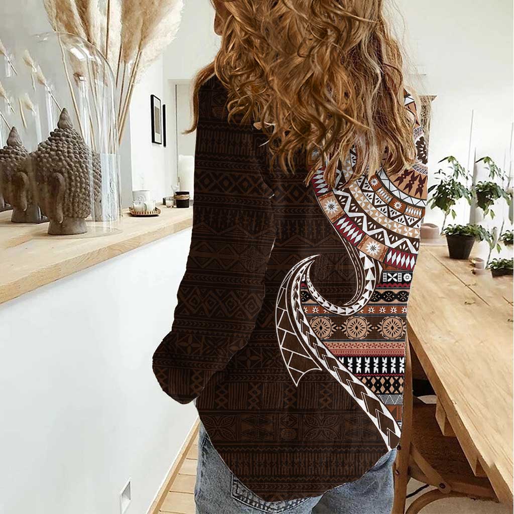 Fijian Masi Tribal Tattoos Art Pattern Women Casual Shirt Brown Color Half Style - Polynesian Pride
