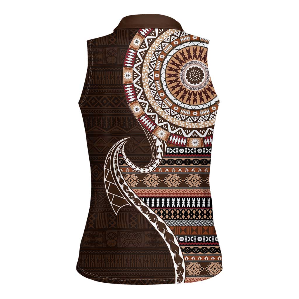 Fijian Masi Tribal Tattoos Art Pattern Women Sleeveless Polo Shirt Brown Color Half Style - Polynesian Pride