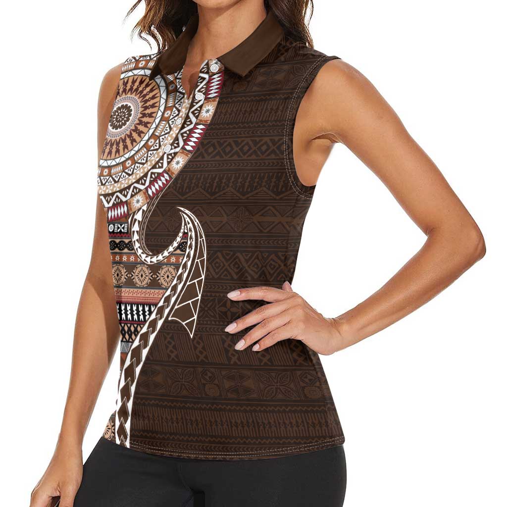 Fijian Masi Tribal Tattoos Art Pattern Women Sleeveless Polo Shirt Brown Color Half Style - Polynesian Pride