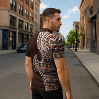 Fijian Masi Tribal Tattoos Art Pattern Zipper Polo Shirt Brown Color Half Style - Polynesian Pride