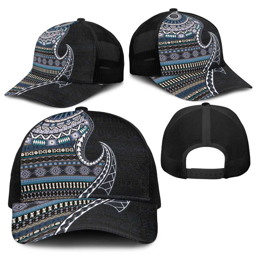 Fijian Masi Tribal Tattoos Art Pattern Baseball Net Cap Navy Color Half Style - Polynesian Pride