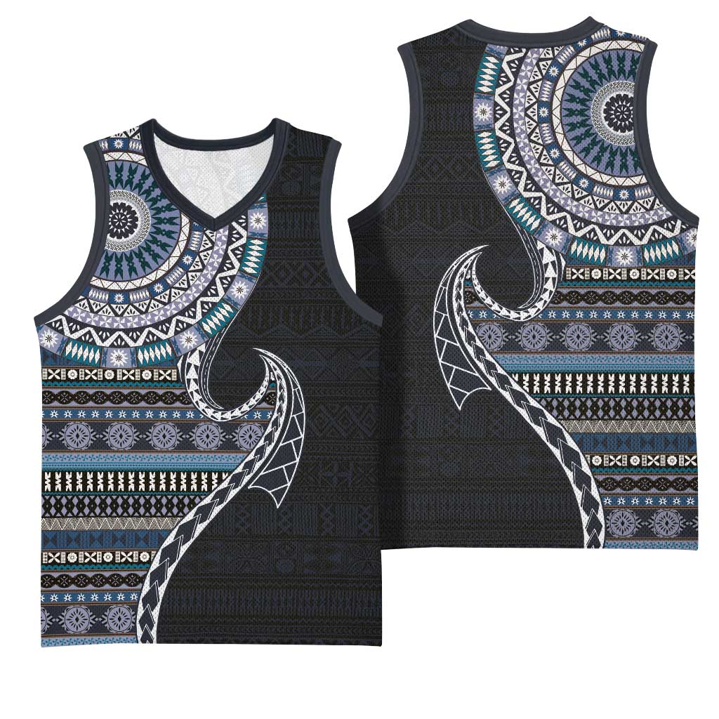 Fijian Masi Tribal Tattoos Art Pattern Basketball Jersey Navy Color Half Style - Polynesian Pride