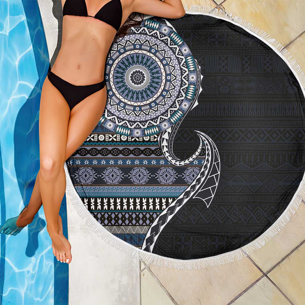 Fijian Masi Tribal Tattoos Art Pattern Beach Blanket Navy Color Half Style - Polynesian Pride