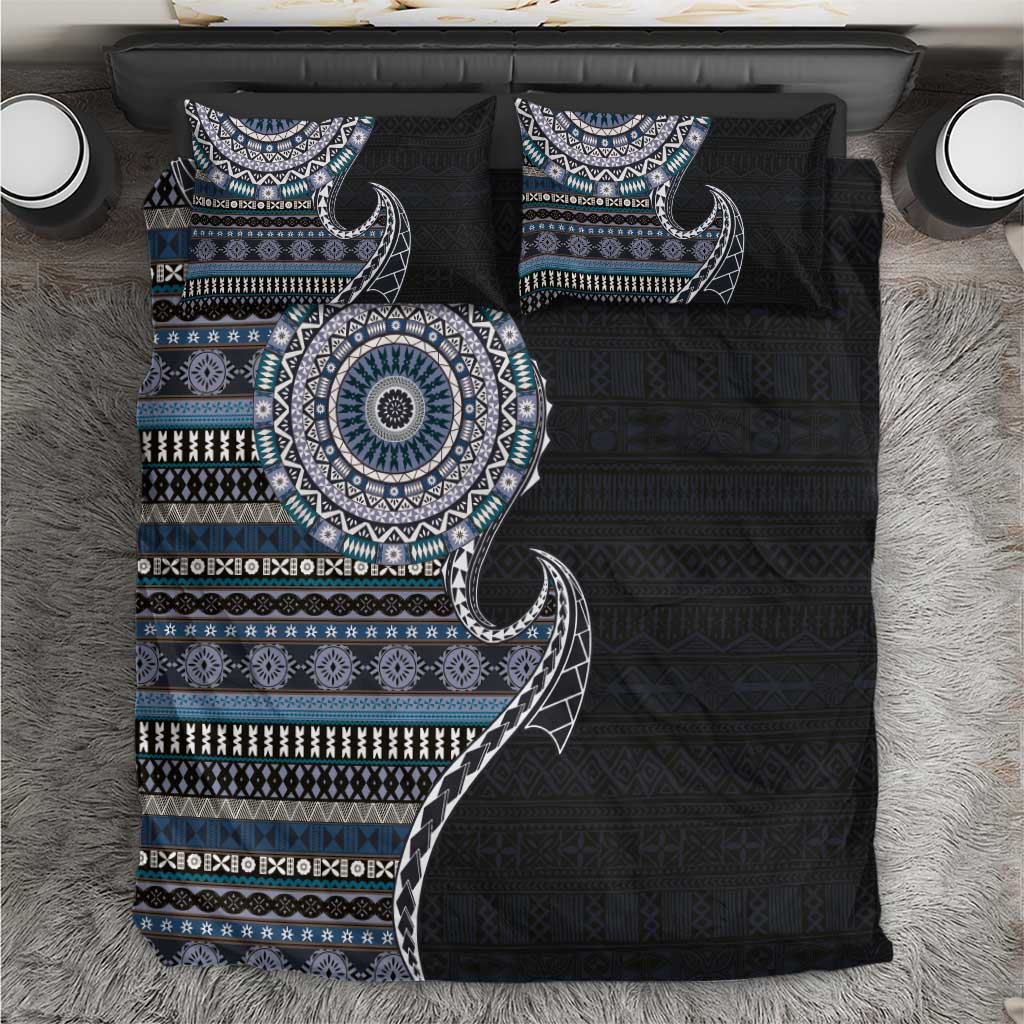 Fijian Masi Tribal Tattoos Art Pattern Bedding Set Navy Color Half Style - Polynesian Pride