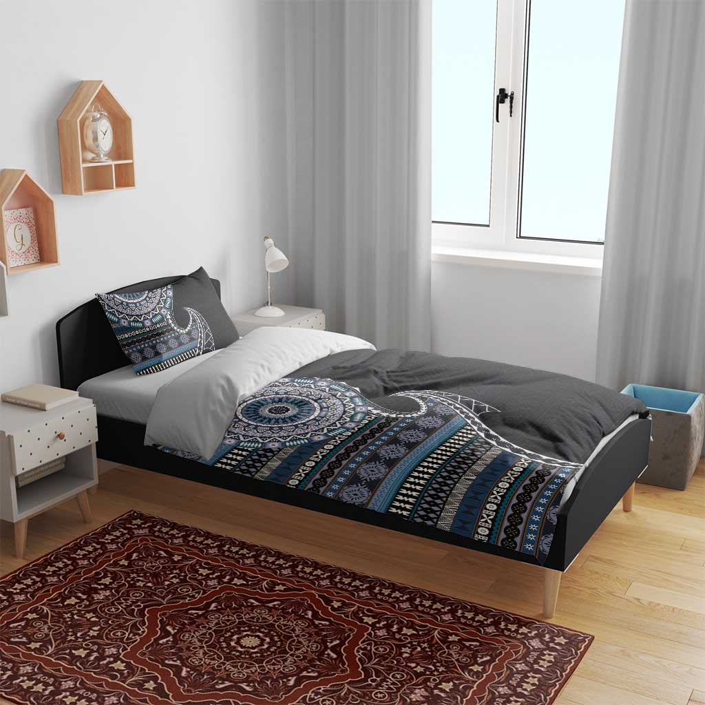 Fijian Masi Tribal Tattoos Art Pattern Bedding Set Navy Color Half Style - Polynesian Pride
