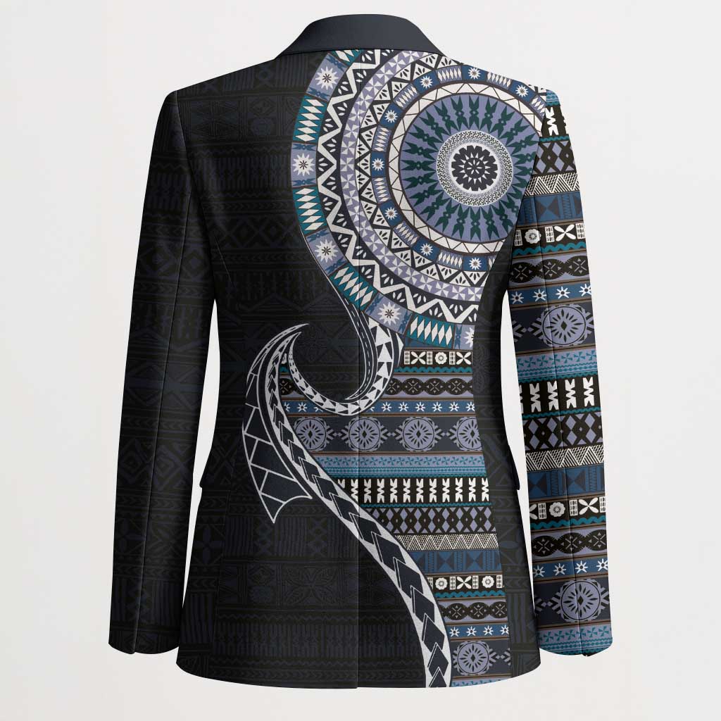 Fijian Masi Tribal Tattoos Art Pattern Blazer Navy Color Half Style - Polynesian Pride