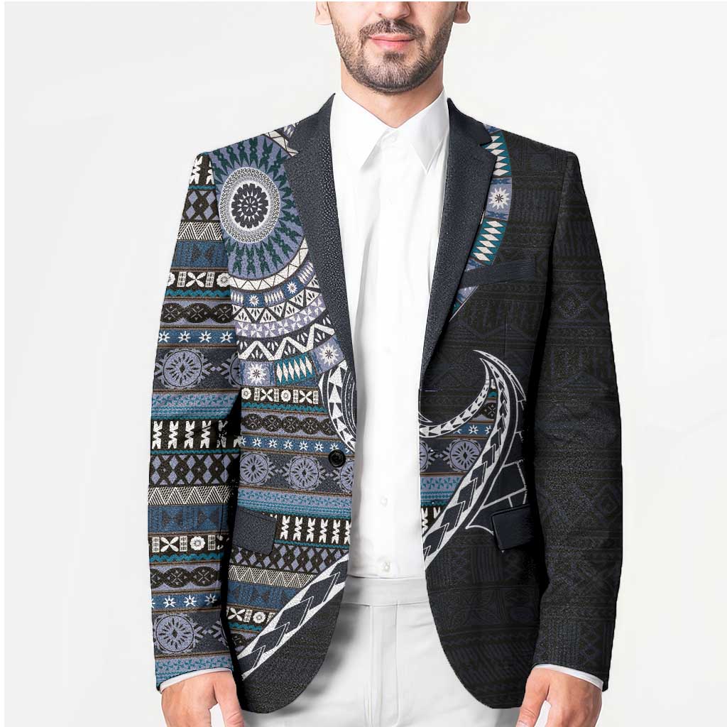 Fijian Masi Tribal Tattoos Art Pattern Blazer Navy Color Half Style - Polynesian Pride
