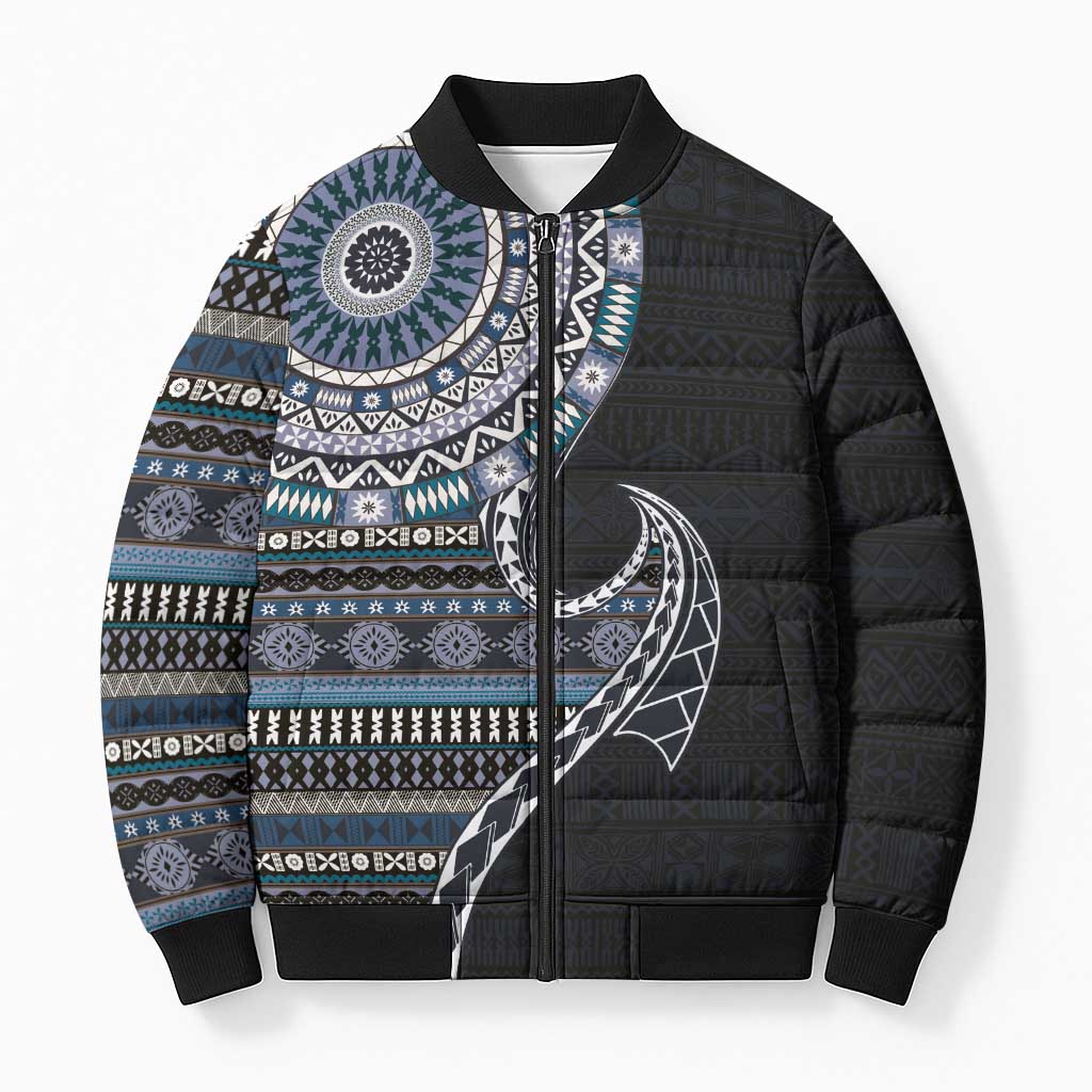 Fijian Masi Tribal Tattoos Art Pattern Bomber Puffer Jacket Navy Color Half Style - Polynesian Pride