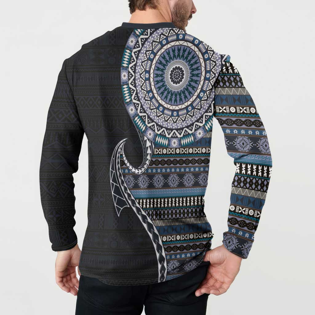 Fijian Masi Tribal Tattoos Art Pattern Button Sweatshirt Navy Color Half Style - Polynesian Pride