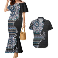 Fijian Masi Tribal Tattoos Art Pattern Couples Matching Mermaid Dress and Hawaiian Shirt Navy Color Half Style - Polynesian Pride