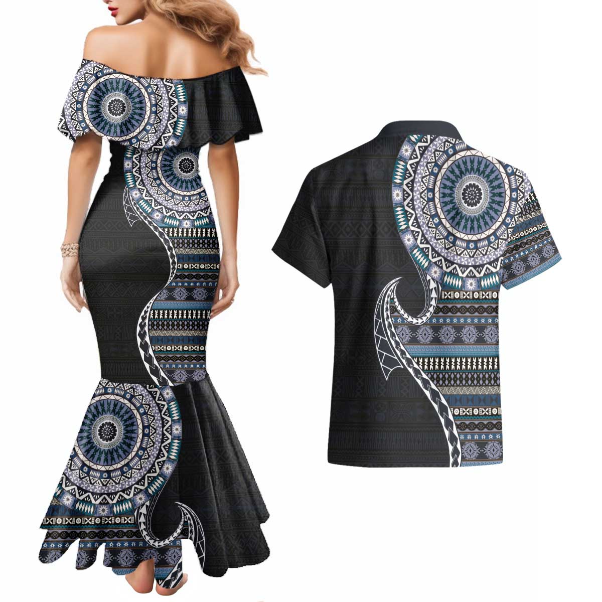 Fijian Masi Tribal Tattoos Art Pattern Couples Matching Mermaid Dress and Hawaiian Shirt Navy Color Half Style - Polynesian Pride