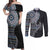 Fijian Masi Tribal Tattoos Art Pattern Couples Matching Off Shoulder Maxi Dress and Long Sleeve Button Shirt Navy Color Half Style - Polynesian Pride