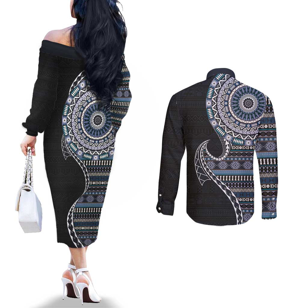 Fijian Masi Tribal Tattoos Art Pattern Couples Matching Off The Shoulder Long Sleeve Dress and Long Sleeve Button Shirt Navy Color Half Style - Polynesian Pride