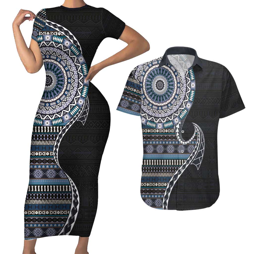 Fijian Masi Tribal Tattoos Art Pattern Couples Matching Short Sleeve Bodycon Dress and Hawaiian Shirt Navy Color Half Style - Polynesian Pride