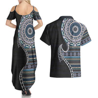 Fijian Masi Tribal Tattoos Art Pattern Couples Matching Summer Maxi Dress and Hawaiian Shirt Navy Color Half Style - Polynesian Pride