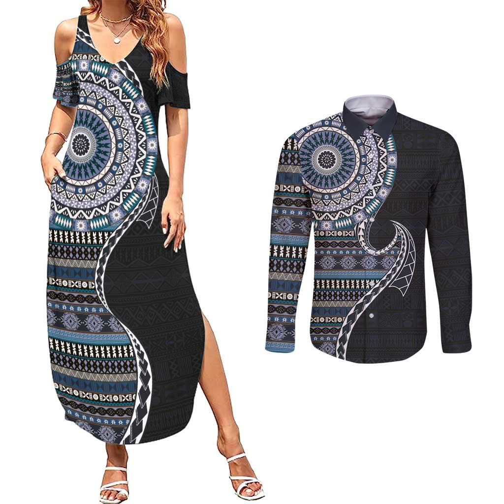 Fijian Masi Tribal Tattoos Art Pattern Couples Matching Summer Maxi Dress and Long Sleeve Button Shirt Navy Color Half Style - Polynesian Pride