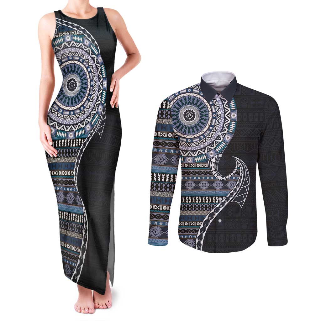 Fijian Masi Tribal Tattoos Art Pattern Couples Matching Tank Maxi Dress and Long Sleeve Button Shirt Navy Color Half Style - Polynesian Pride