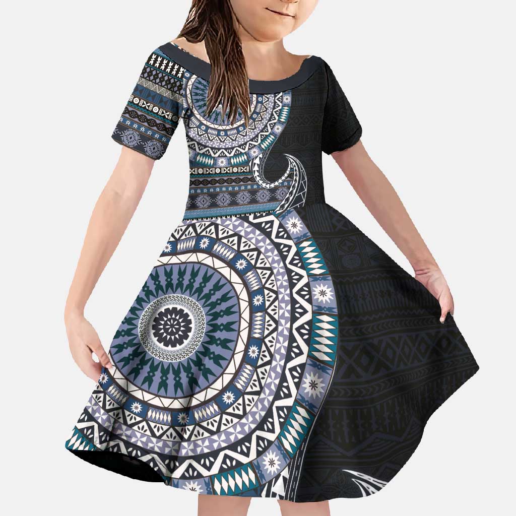 Fijian Masi Tribal Tattoos Art Pattern Family Matching Long Sleeve Bodycon Dress and Hawaiian Shirt Navy Color Half Style LT03 Daughter's Dress Navy - Polynesian Pride