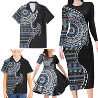 Fijian Masi Tribal Tattoos Art Pattern Family Matching Long Sleeve Bodycon Dress and Hawaiian Shirt Navy Color Half Style LT03 - Polynesian Pride