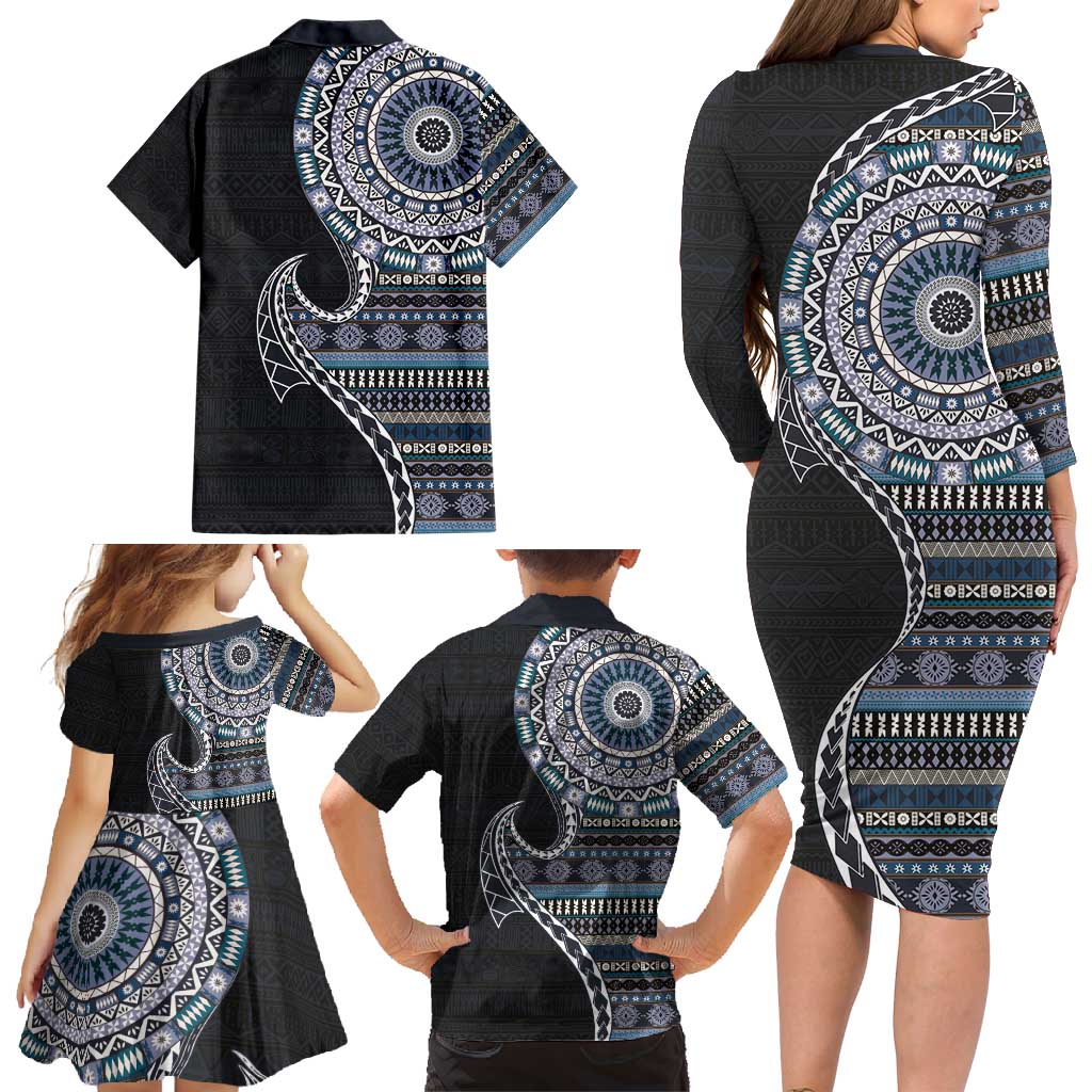 Fijian Masi Tribal Tattoos Art Pattern Family Matching Long Sleeve Bodycon Dress and Hawaiian Shirt Navy Color Half Style LT03 - Polynesian Pride