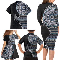 Fijian Masi Tribal Tattoos Art Pattern Family Matching Long Sleeve Bodycon Dress and Hawaiian Shirt Navy Color Half Style LT03 - Polynesian Pride